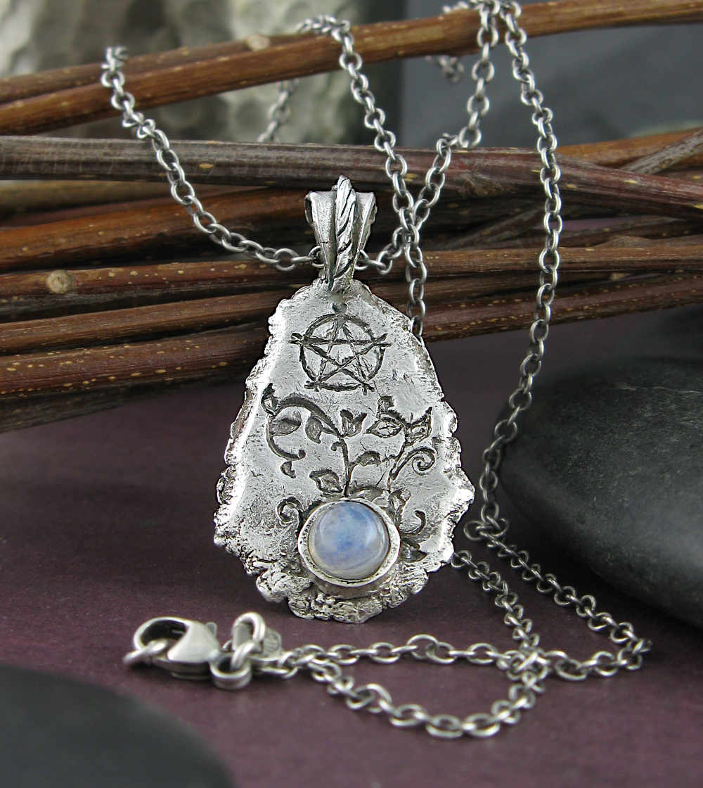 Teardrop Shaped Fine Silver Pendant With Rainbow Moonstone Cabochon And Inscribed Pentagram Handmade | Woot & Hammy