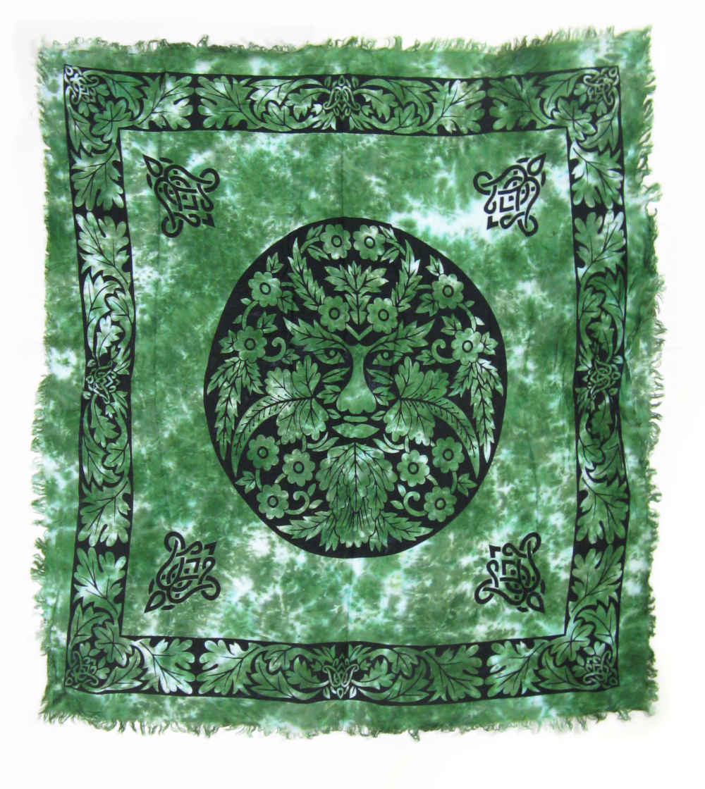 Large 33 x 36 Inch Square Tie-Dyed Celtic Altar Cloth With Greenman And Leaf Border | Woot & Hammy