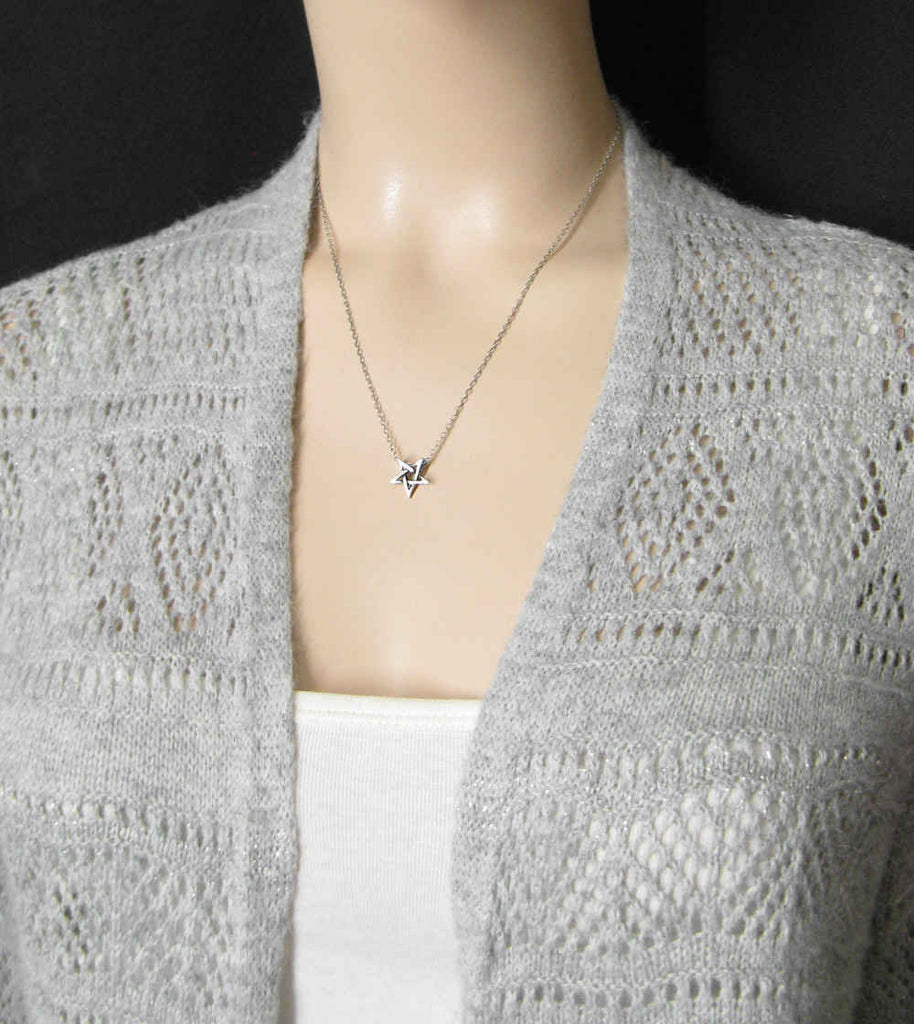 Tiny Second Degree Inverted Pentagram Pendant Necklace Wiccan Wicca Pentacle Witchy Jewelry Goth Gothic Halloween Baphomet Satan on model