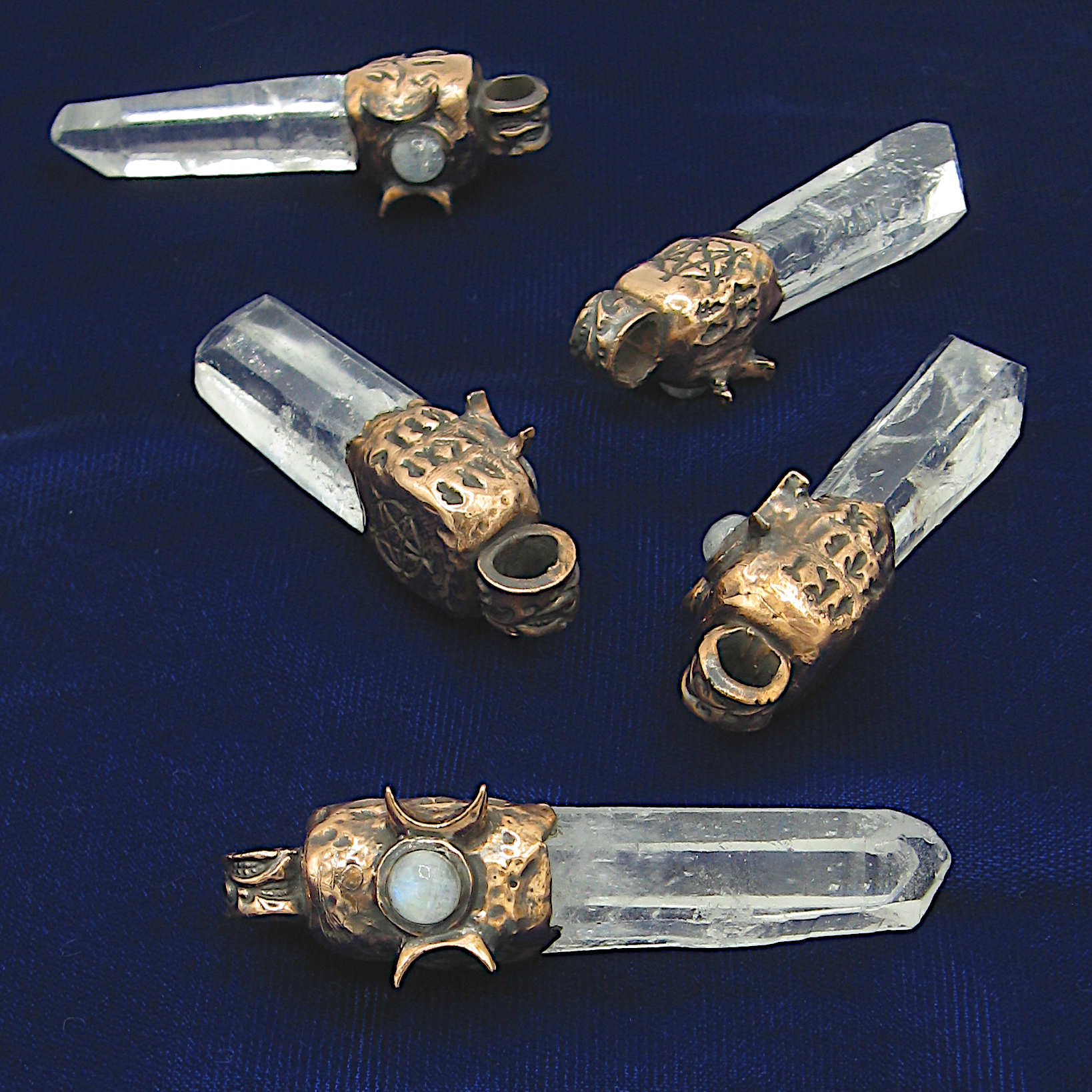 Raw Natural Clear Quartz Crystal Point Triple Moon Cap Moonstone Cabochon Pentagram Runes Handmade Pendant Chain | Woot & Hammy