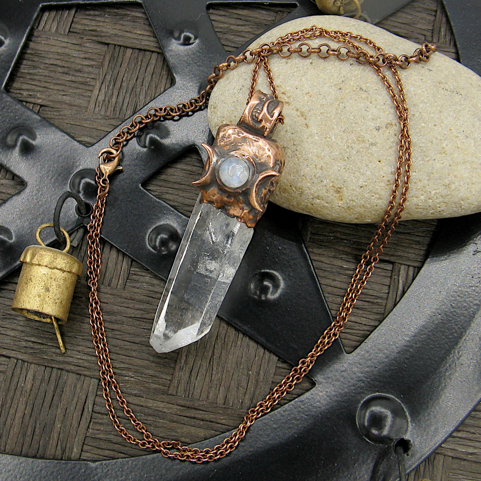 Raw Natural Clear Quartz Crystal Point Triple Moon Cap Moonstone Cabochon Pentagram Runes Handmade Pendant Chain | Woot & Hammy
