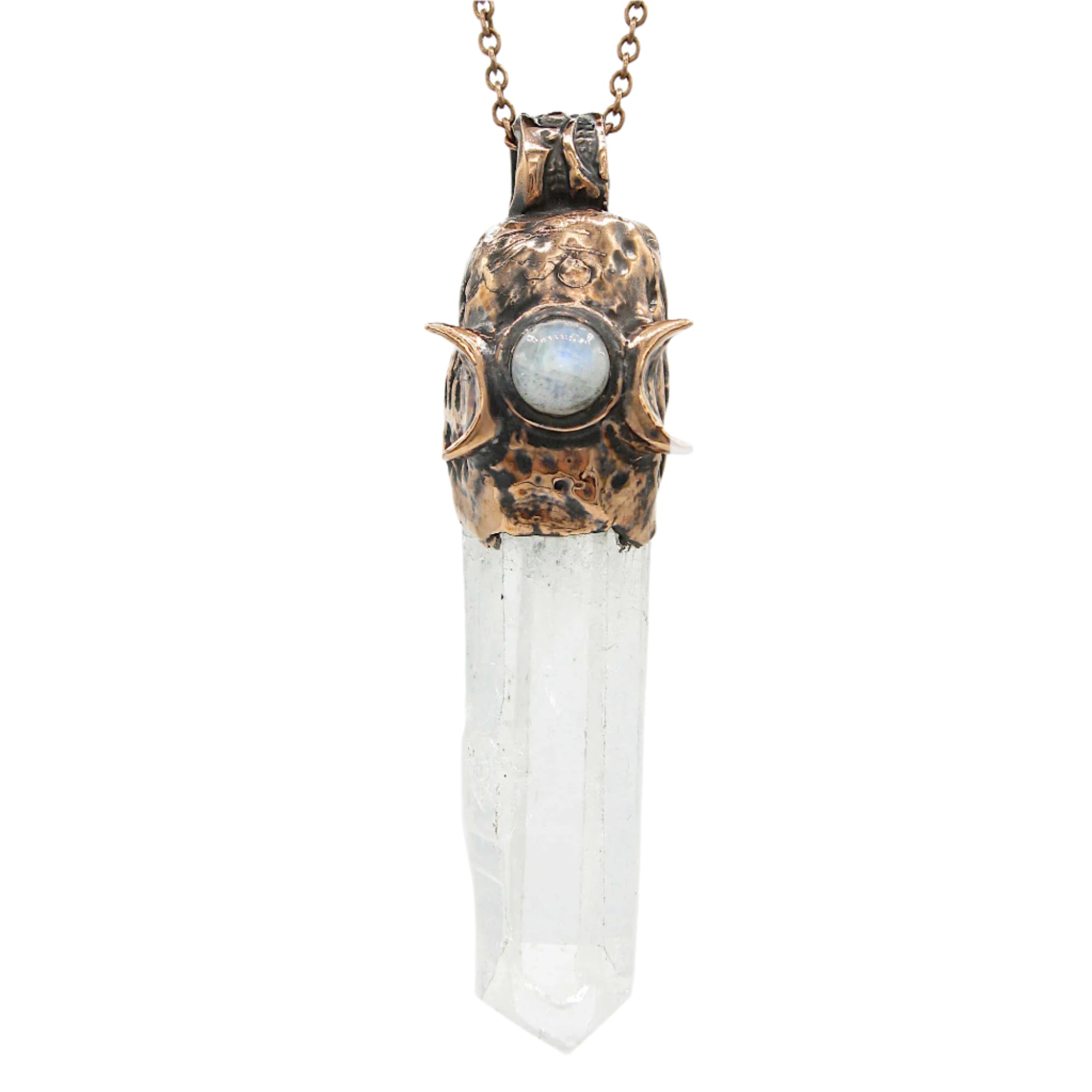 Raw Natural Clear Quartz Crystal Point Triple Moon Cap Moonstone Cabochon Pentagram Runes Handmade Pendant Chain | Woot & Hammy