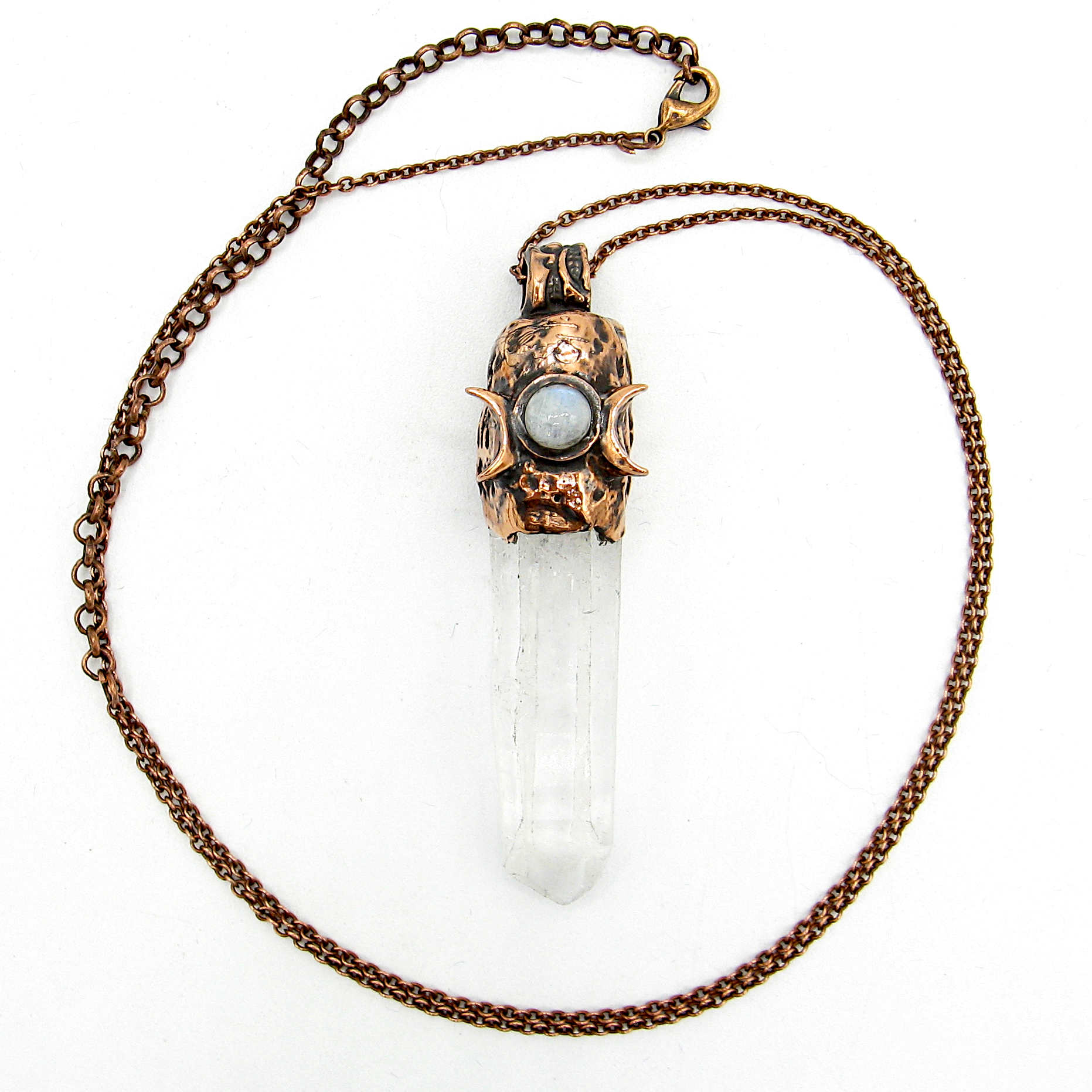 Raw Natural Clear Quartz Crystal Point Triple Moon Cap Moonstone Cabochon Pentagram Runes Handmade Pendant Chain | Woot & Hammy