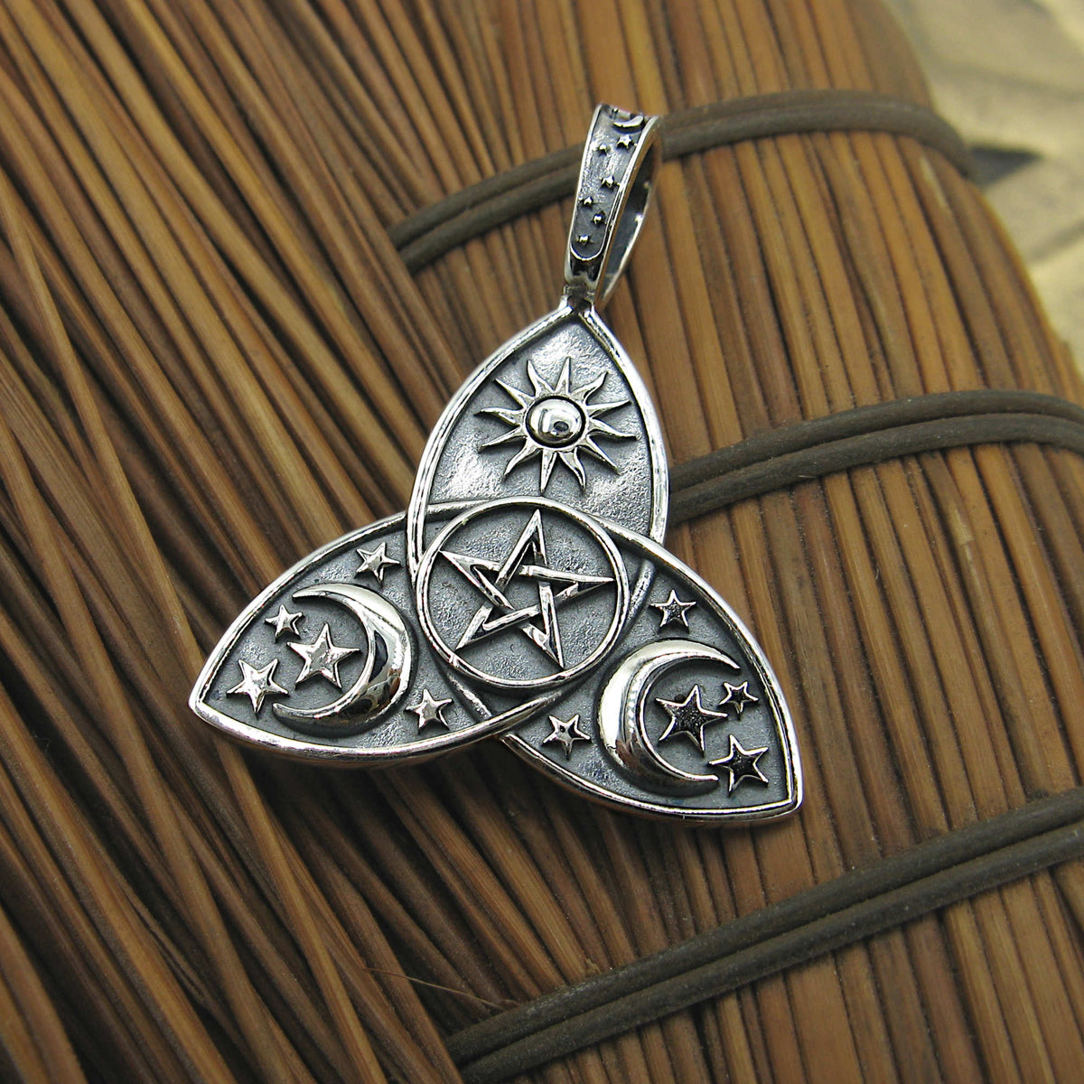 Triquetra Celtic Knot Pentagram Sun Crescent Moons Stars Oxidized Pendant | Woot & Hammy