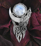 Upturned Crescent Moon With Roses and Moonstone Cabochon Pendant, 100% Handmade