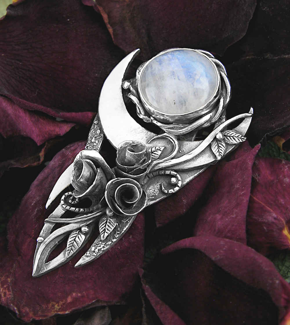 Upturned Crescent Moon With Roses, Vines, Leaves, and Moonstone Cabochon Pendant - Handmade | Woot & Hammy