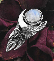 Upturned Crescent Moon With Roses, Vines, Leaves, and Moonstone Cabochon Pendant - Handmade | Woot & Hammy