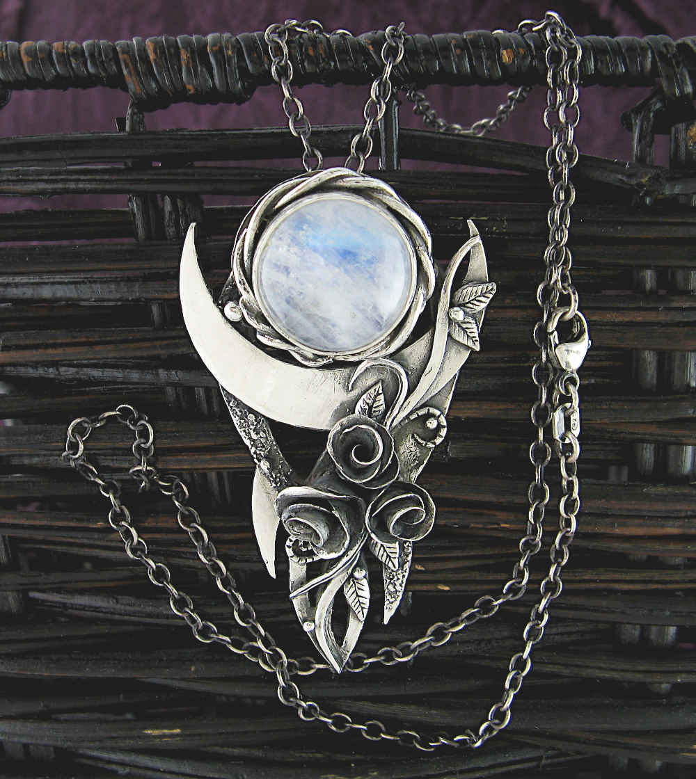 Upturned Crescent Moon With Roses, Vines, Leaves, and Moonstone Cabochon Pendant - Handmade | Woot & Hammy