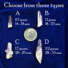 Examples of 4 different Veracruz Amethyst Crystals arranged and labeled by type on dark background