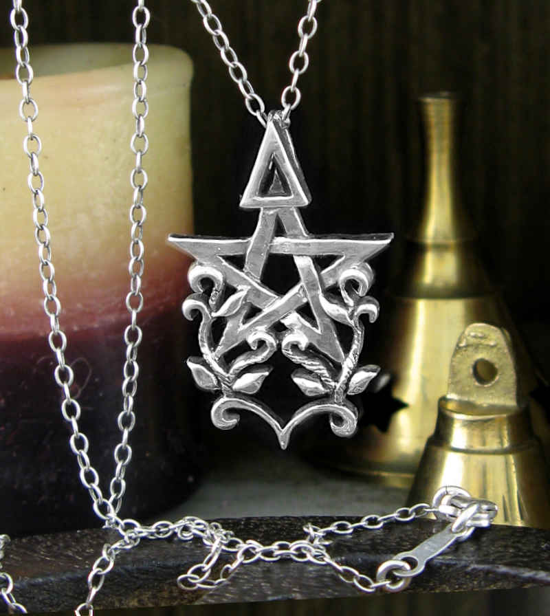 Third Degree Pentacle Surrounded by Vines Pendant Wiccan Pentagram White Witch Wicca Pagan Woman Witchcraft hanging from chain, with brass bells