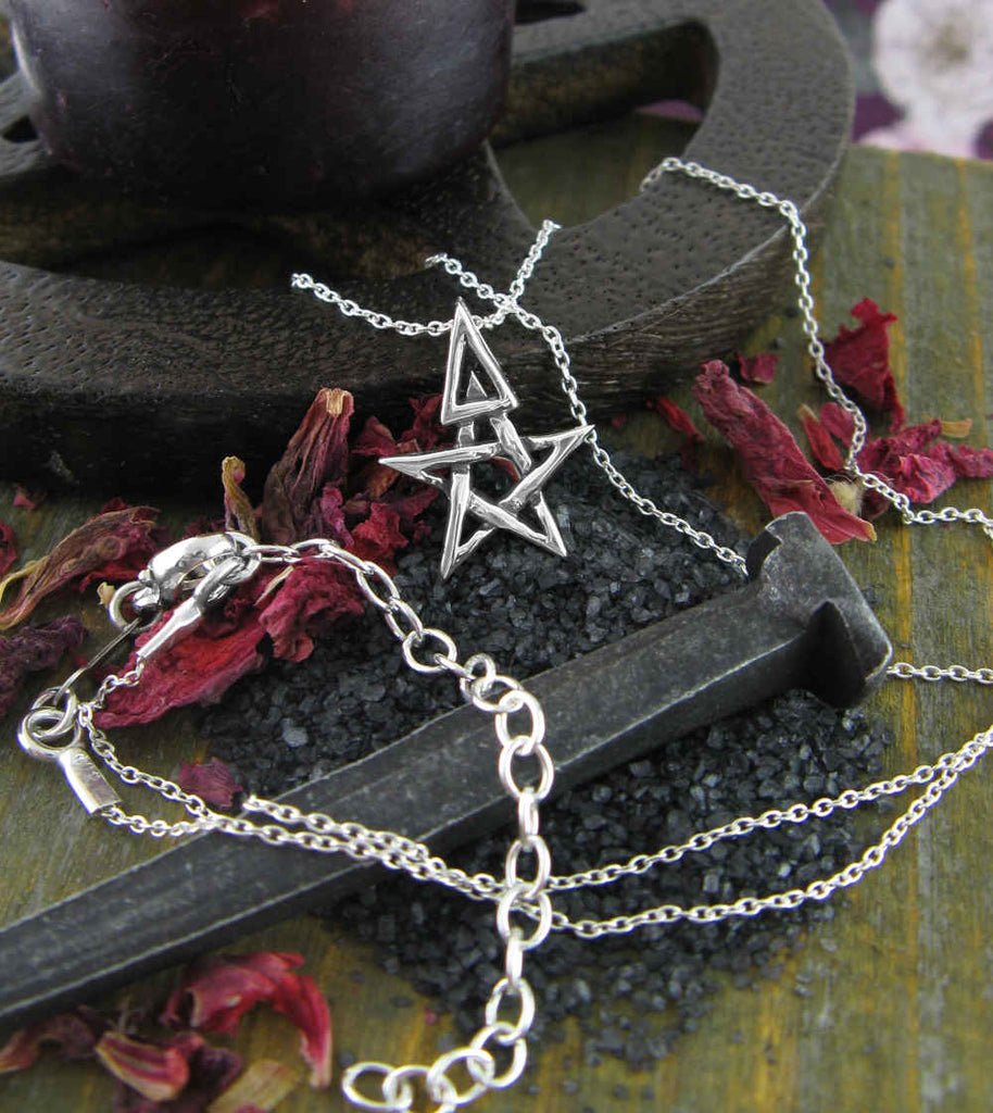 Tiny Wiccan Third Degree Pentagram Necklace High Priest Priestess Pentacle Witchcraft Witch Jewelry with chain in front of pentagram incense burner