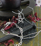 Tiny Wiccan Third Degree Pentagram Necklace High Priest Priestess Pentacle Witchcraft Witch Jewelry with chain in front of pentagram incense burner