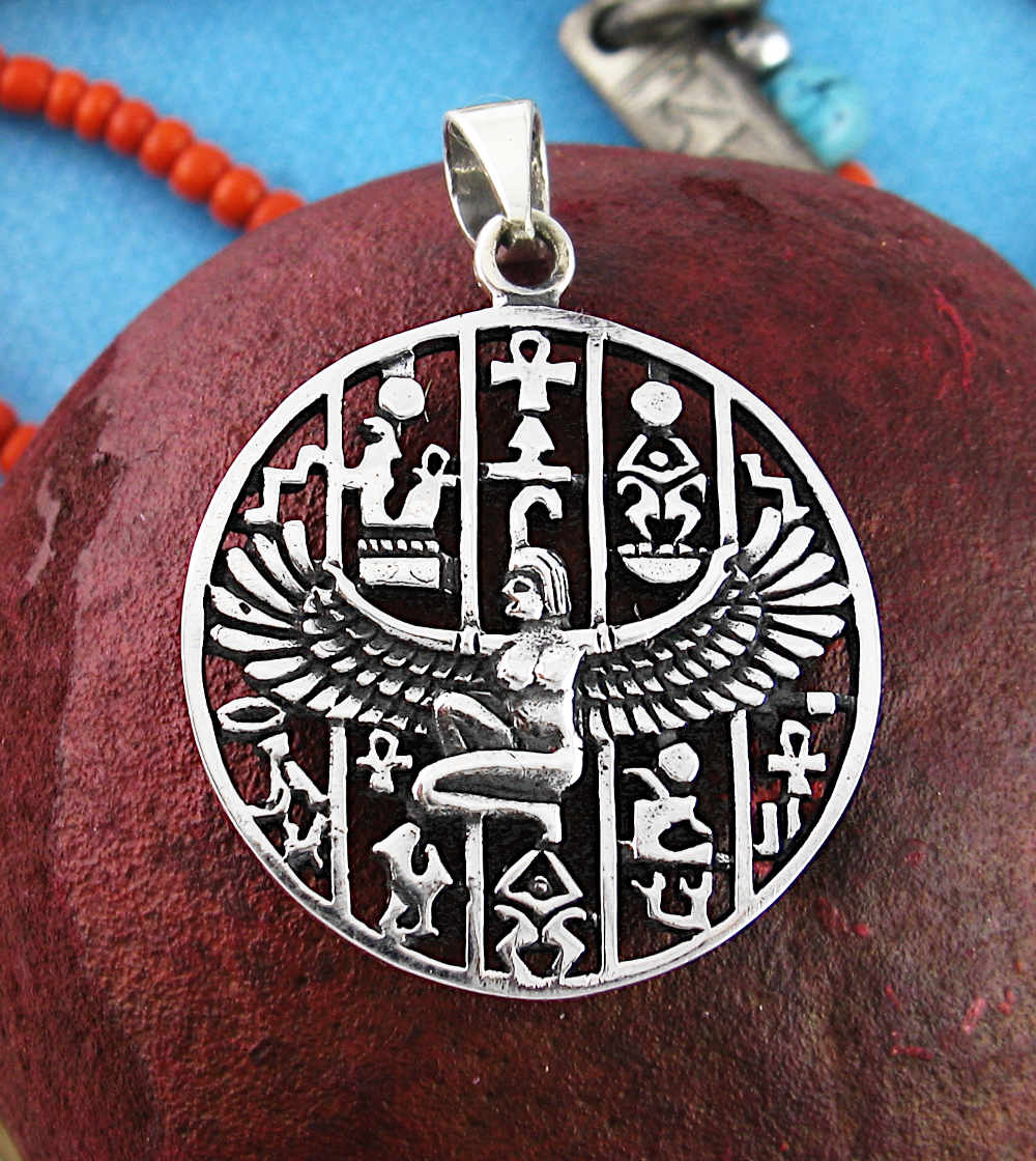 Winged Isis Egyptian Goddess With Hieroglyphs Resurrection Afterlife Pendant | Woot & Hammy