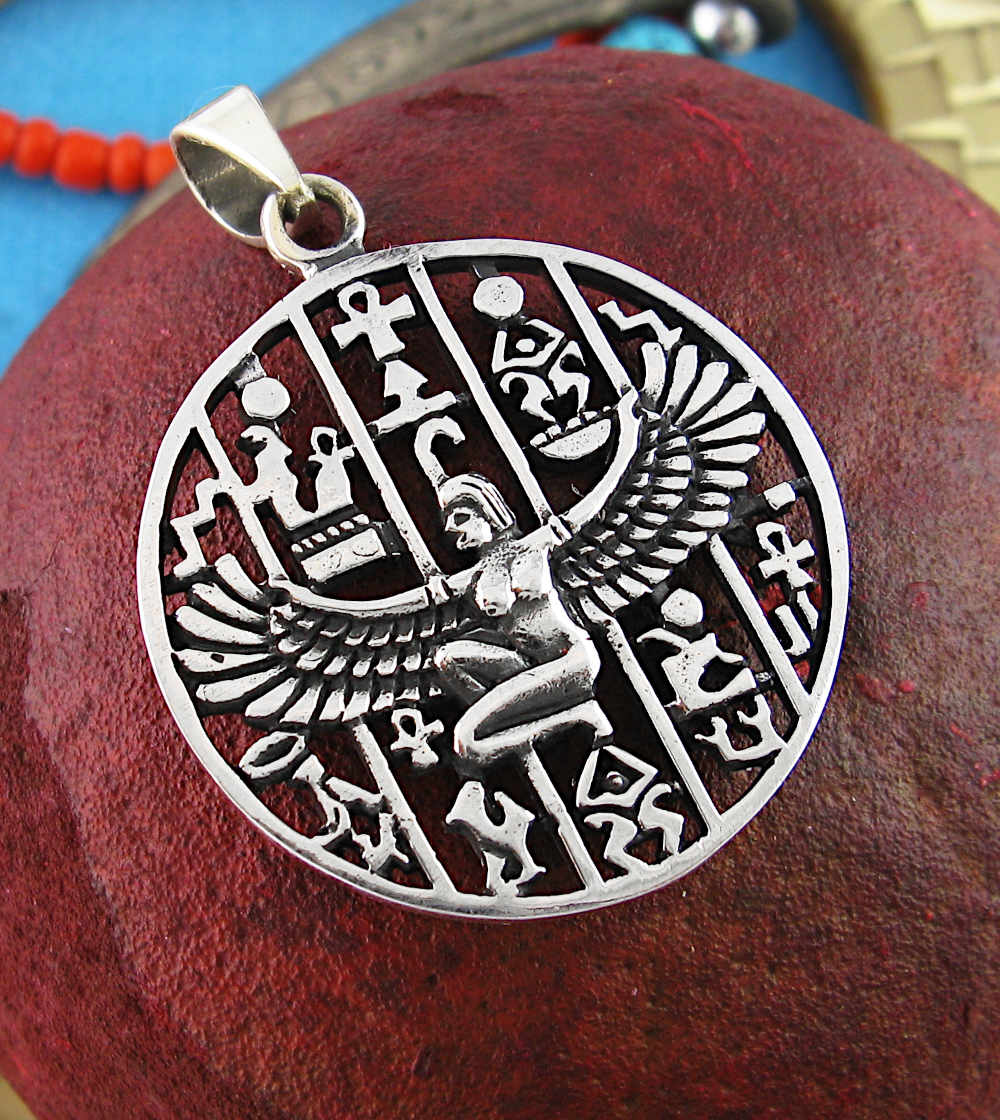 Winged Isis Egyptian Goddess With Hieroglyphs Resurrection Afterlife Pendant | Woot & Hammy