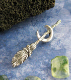 Witch's Broom or Besom w/ Crescent Moon Pendant Necklace Wiccan Wicca Pagan Witchcraft Silver Halloween Samhain Broomstick laying on side with translucent green stone