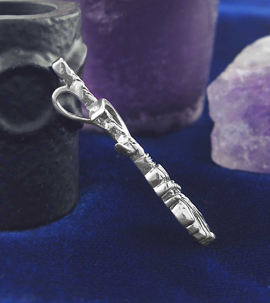 Witch's Broom or Besom w/ Crescent Moon Pendant Necklace Wiccan Wicca Pagan Witchcraft Silver Halloween Samhain Broomstick side view with candle holders in background