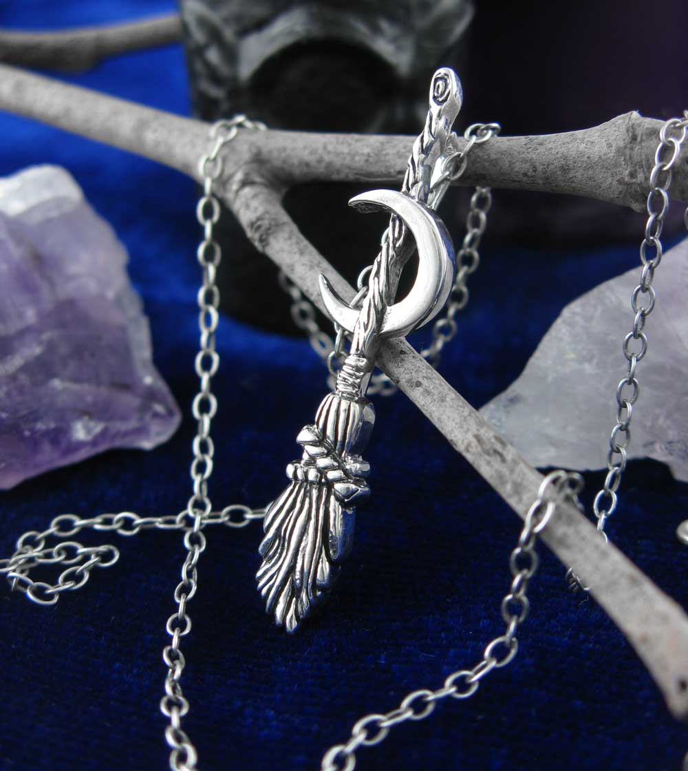 Witch's Broom or Besom w/ Crescent Moon Pendant Necklace Wiccan Wicca Pagan Witchcraft Silver Halloween Samhain Broomstick with chain draped over branches