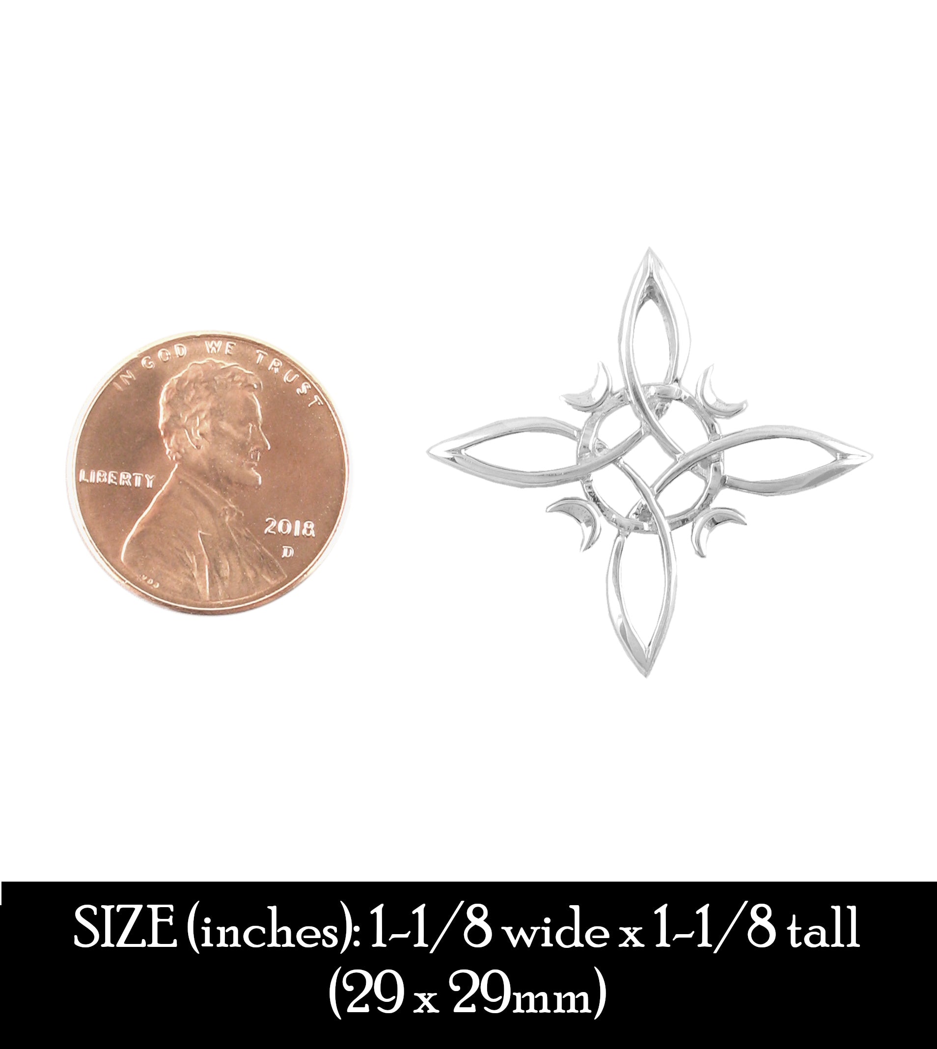 Witch's Knot with 4 Crescent Moons Pendant, Handmade penny size comparison