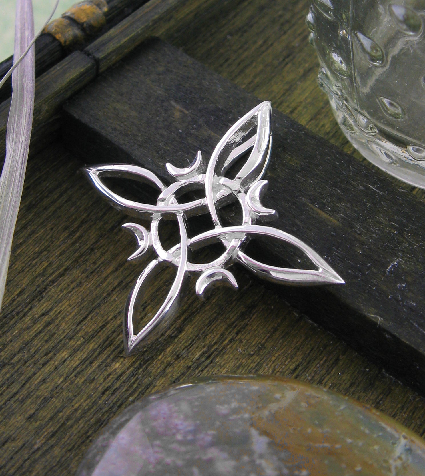 Witch's Knot with 4 Crescent Moons Pendant, Handmade oblique view