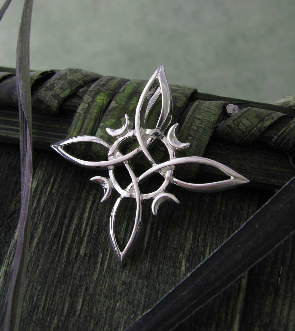 Witch Knot Necklace Pendant Crescent Moons 4-Pointed Celtic Knot Wiccan White Witch Wicca Pagan Woman Witchcraft Protection Symbol  oblique view