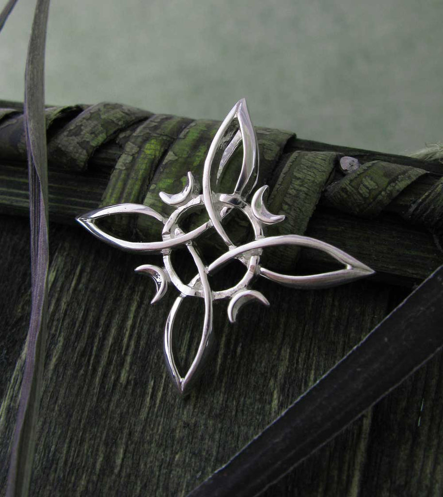 Witch Knot Necklace Pendant Crescent Moons 4-Pointed Celtic Knot Wiccan White Witch Wicca Pagan Woman Witchcraft Protection Symbol  oblique view
