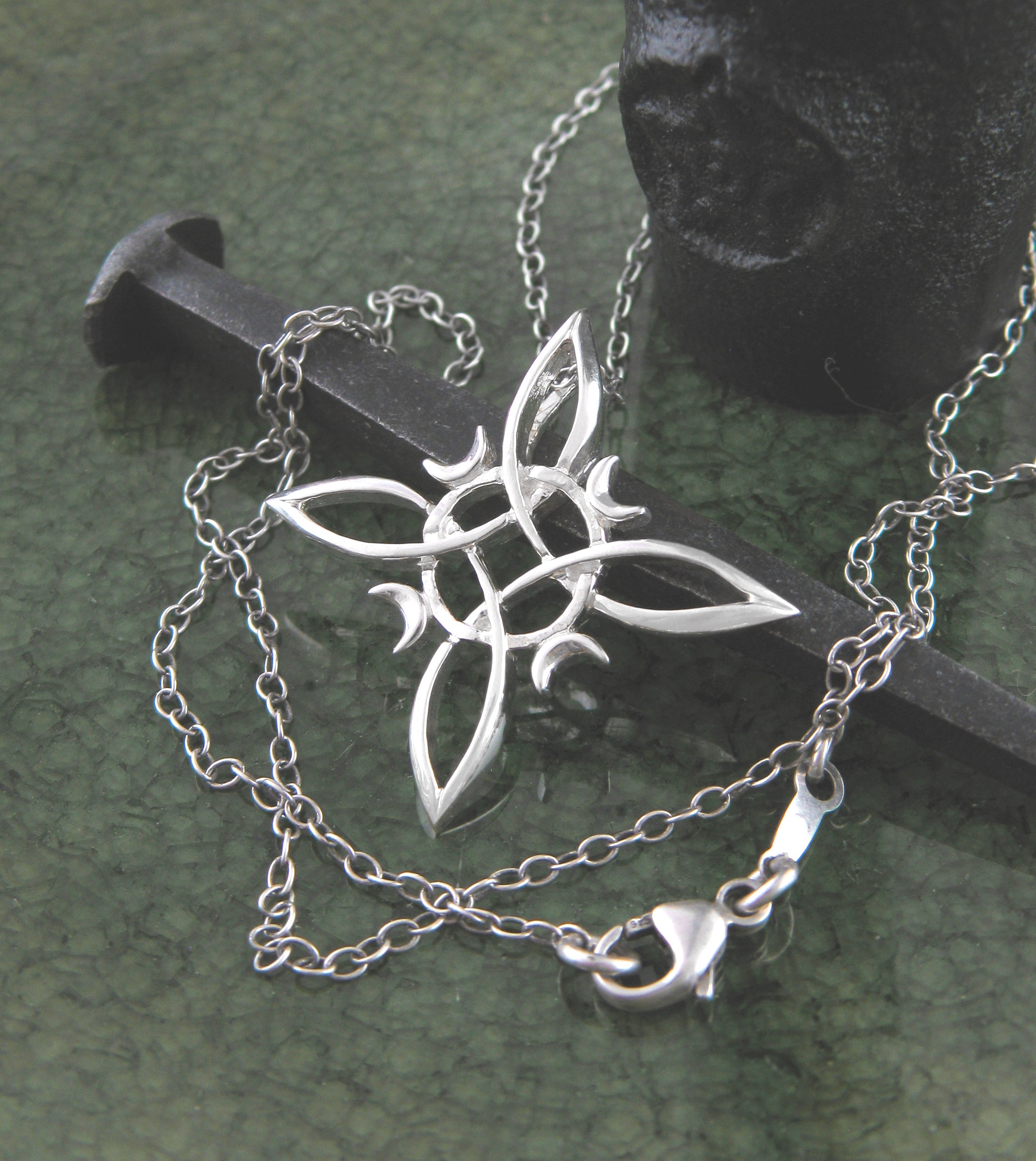 Witch's Knot with 4 Crescent Moons Pendant, Handmade with chain