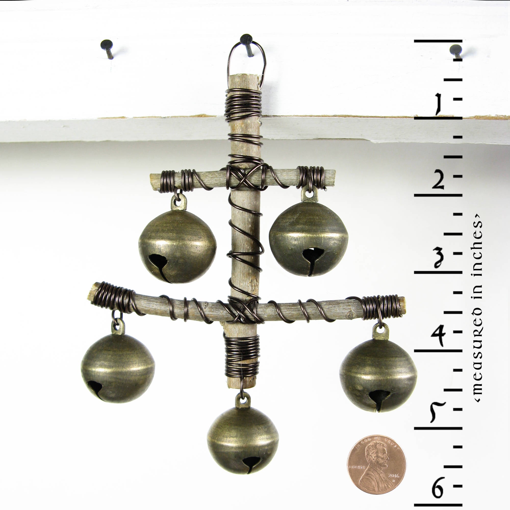 Hanging Witch's Bell 5 Sleigh Bells Anchor Shape Made of Twigs Handcrafted Energy Cleansing Rustic Primitive Wiccan Pagan | Woot & Hammy