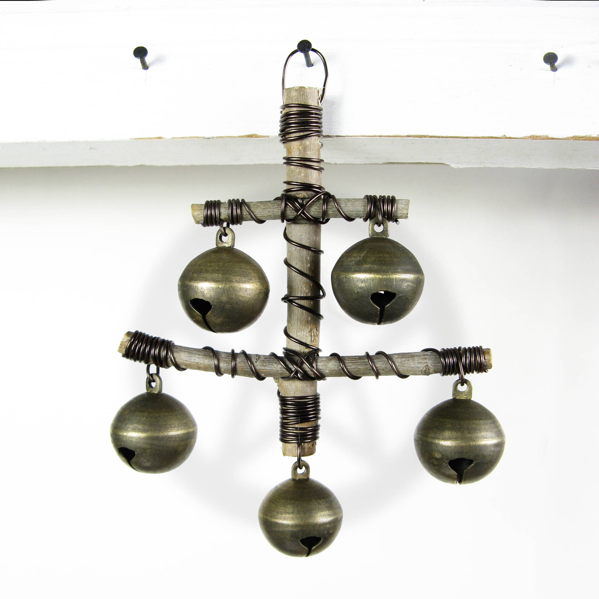 Hanging Witch's Bell 5 Sleigh Bells Anchor Shape Made of Twigs Handcrafted Energy Cleansing Rustic Primitive Wiccan Pagan | Woot & Hammy