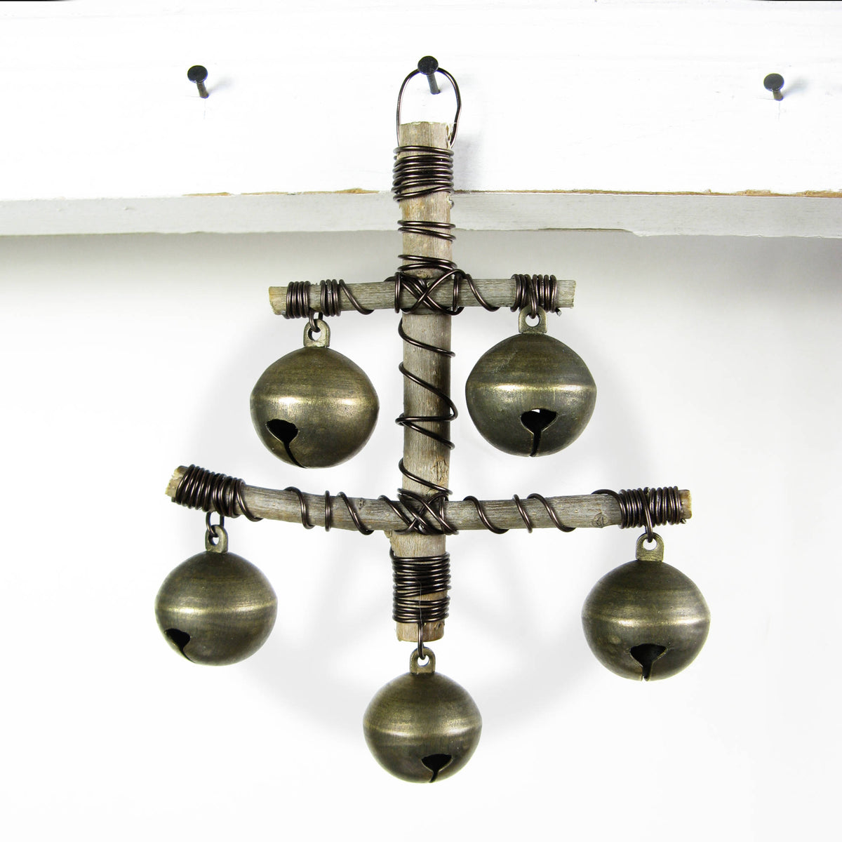 Hanging Witch's Bell 5 Sleigh Bells Anchor Shape Made of Twigs Handcrafted Energy Cleansing Rustic Primitive Wiccan Pagan | Woot & Hammy