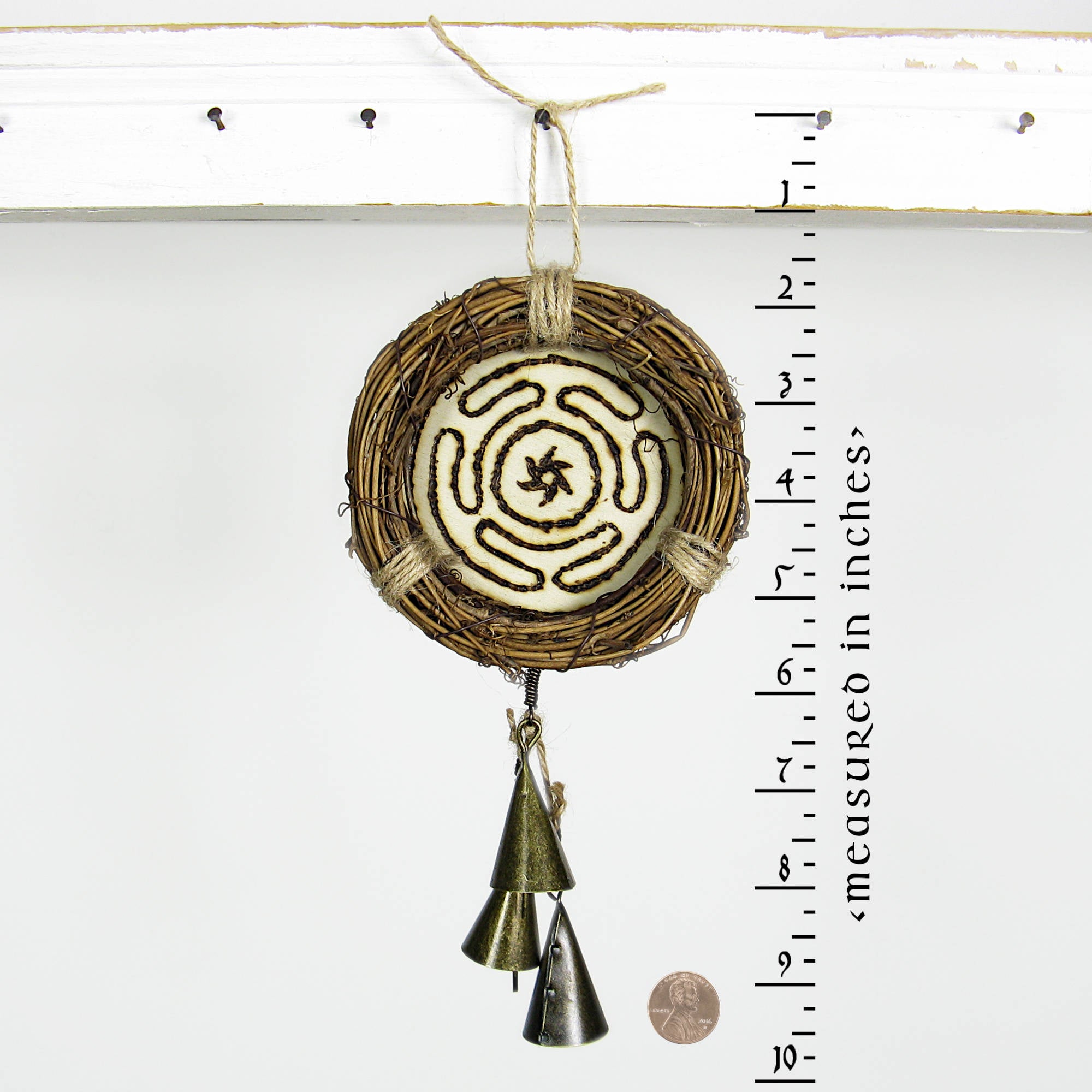 Small Wreath Hecate's Wheel Symbol Wood-burned Cone-Shaped Bells Handmade Protection Guidance Goddess | Woot & Hammy