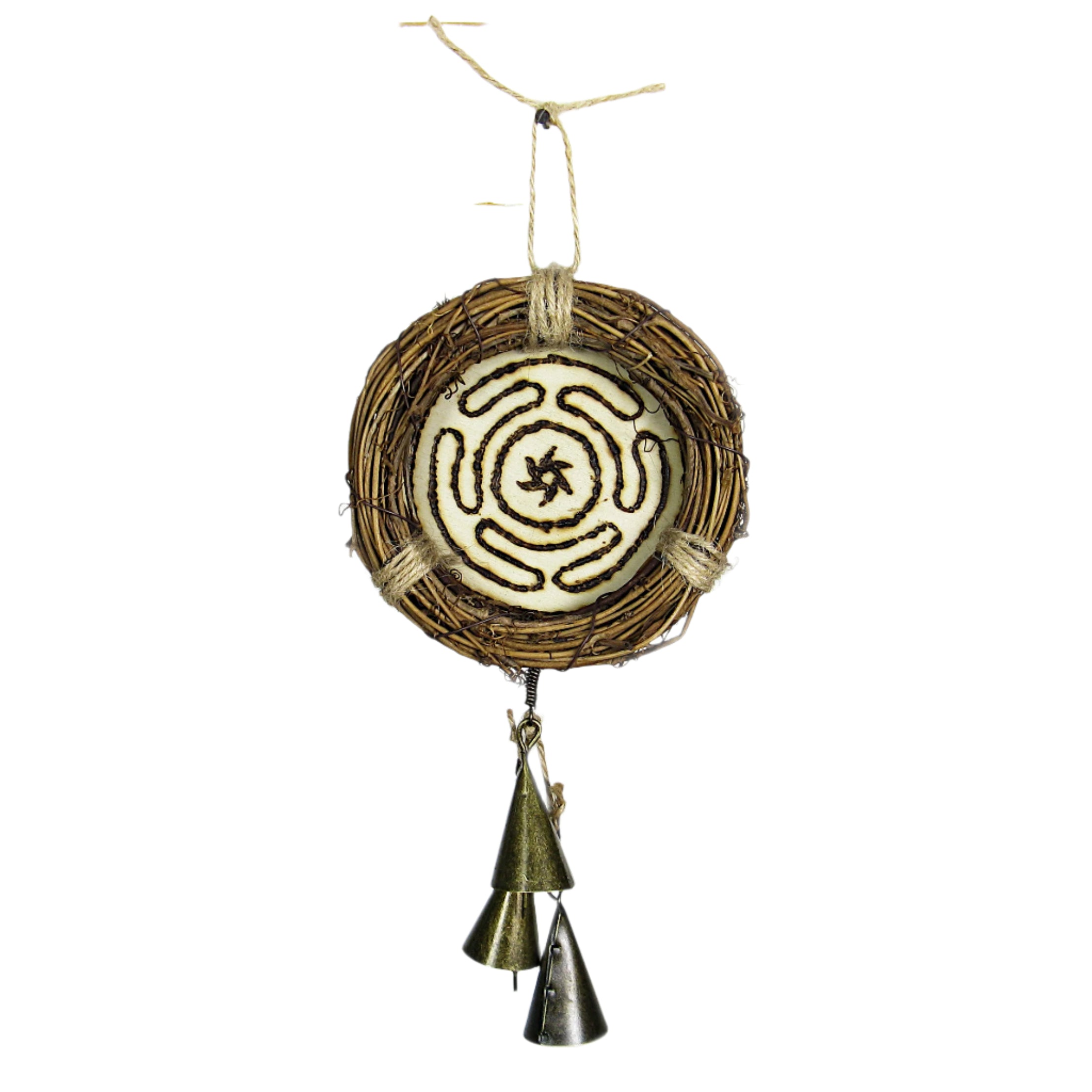 Small Wreath Hecate's Wheel Symbol Wood-burned Cone-Shaped Bells Handmade Protection Guidance Goddess | Woot & Hammy