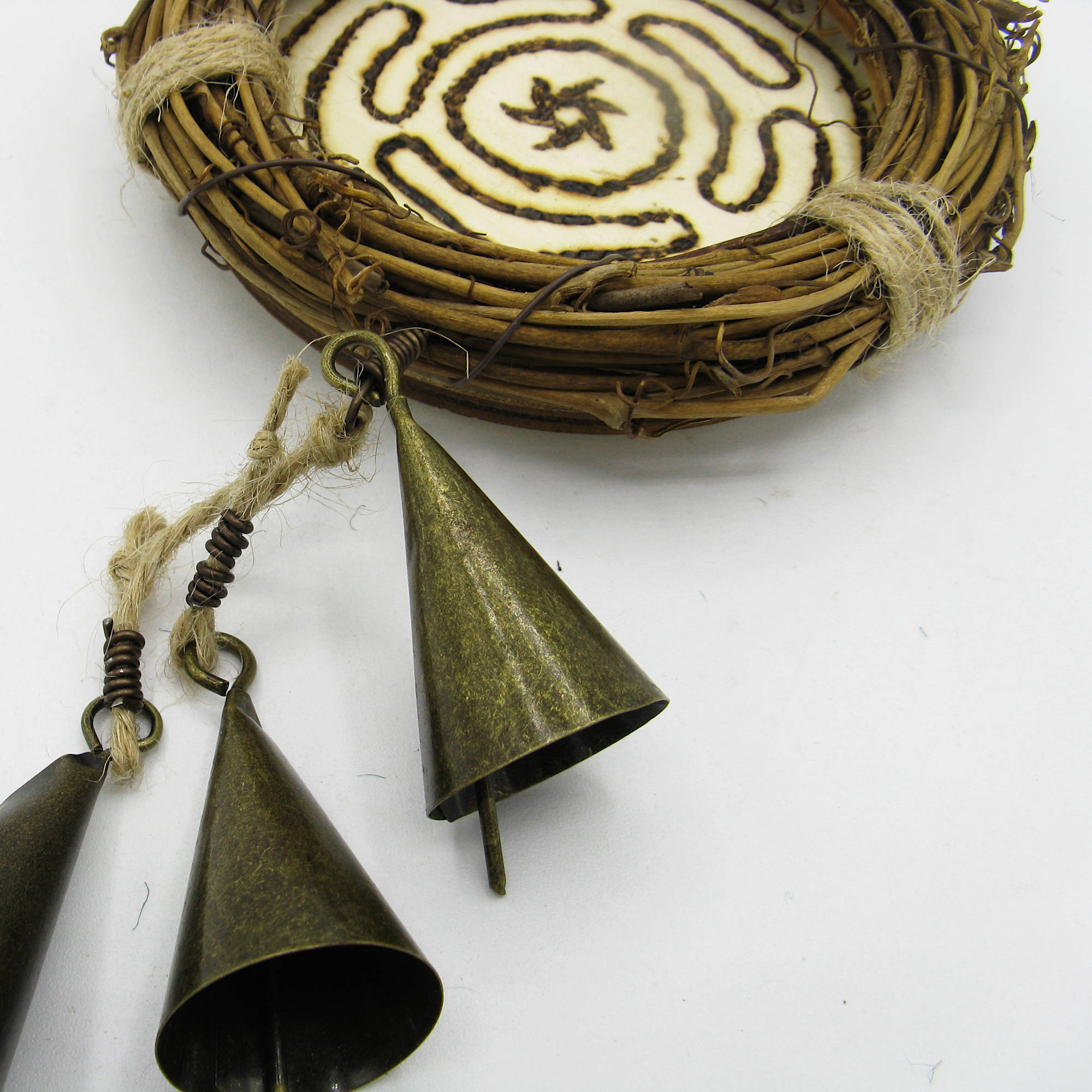 Small Wreath Hecate's Wheel Symbol Wood-burned Cone-Shaped Bells Handmade Protection Guidance Goddess | Woot & Hammy