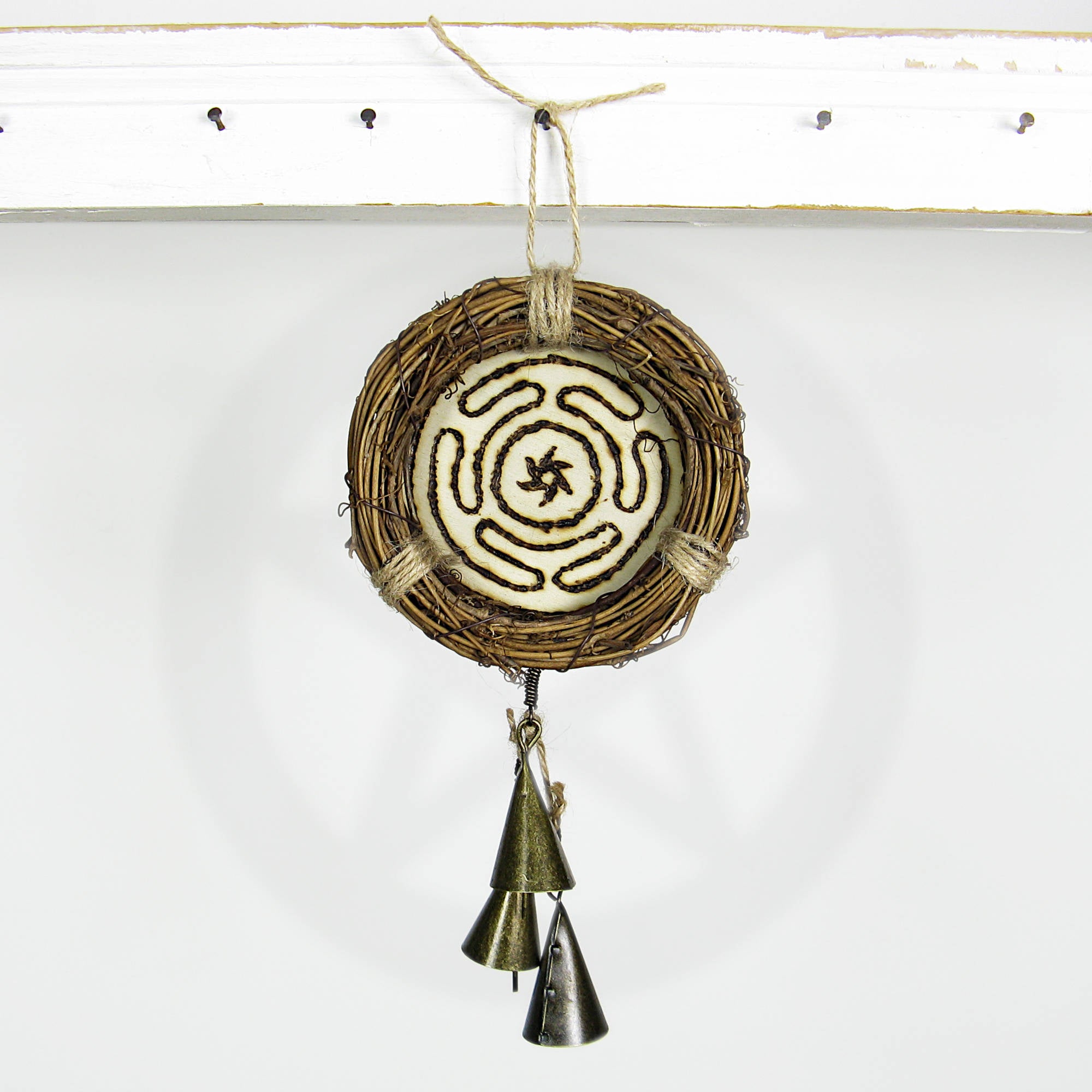 Small Wreath Hecate's Wheel Symbol Wood-burned Cone-Shaped Bells Handmade Protection Guidance Goddess | Woot & Hammy