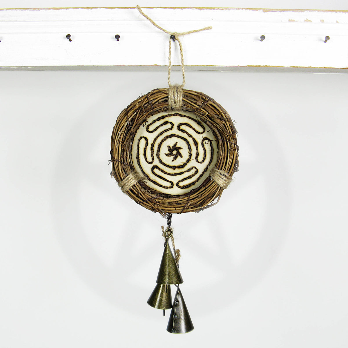 Small Wreath Hecate's Wheel Symbol Wood-burned Cone-Shaped Bells Handmade Protection Guidance Goddess | Woot & Hammy