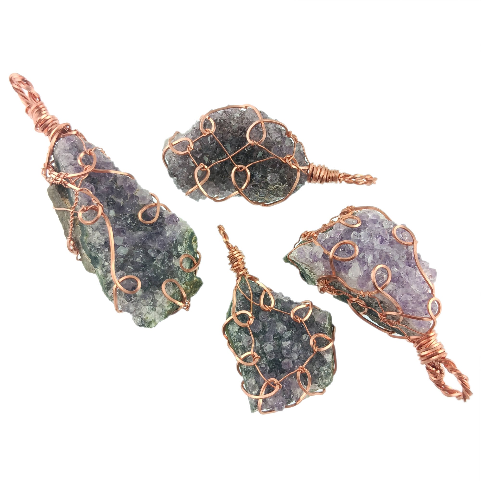 Raw Amethyst Crystal Cluster Geode Pendant Necklace, Copper Wire-Wrapped, Handmade