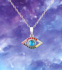 Evil Eye With Chakra-Colored CZ And Lab Turquoise Necklace with 18 inch chain | Woot & Hammy