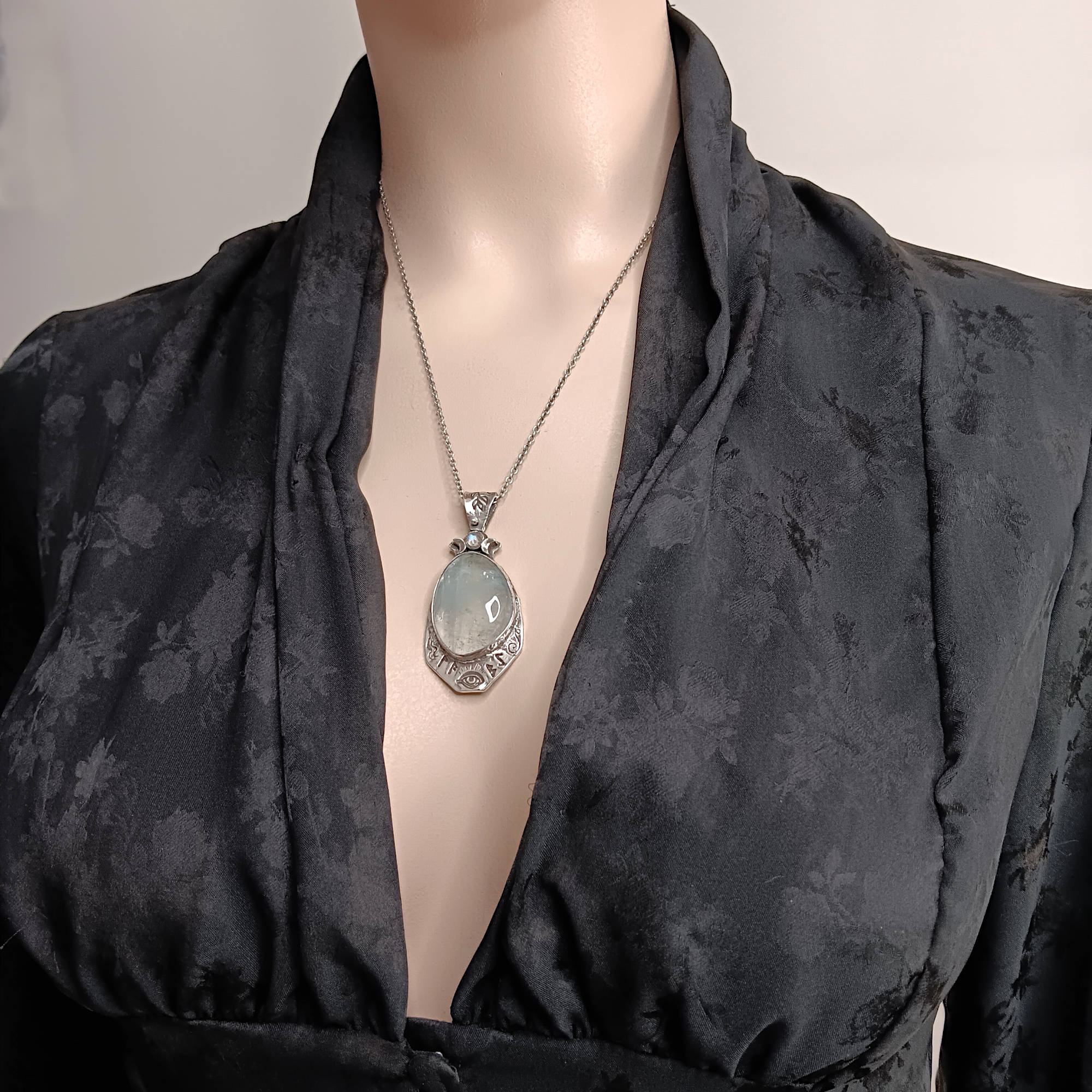 Moonlight Water Aquamarine Healing Talisman with Triple Moon & Moonstone, Handmade Fine Silver Metal Clay