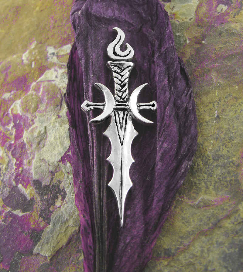 Athame Pendant with Crescent Moons & Flame Necklace Wiccan Dagger Knife ...
