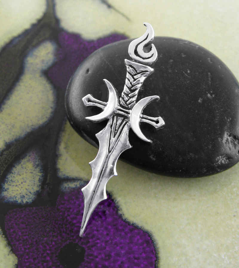 Athame Pendant with Crescent Moons & Flame Necklace Wiccan Dagger Knife ...