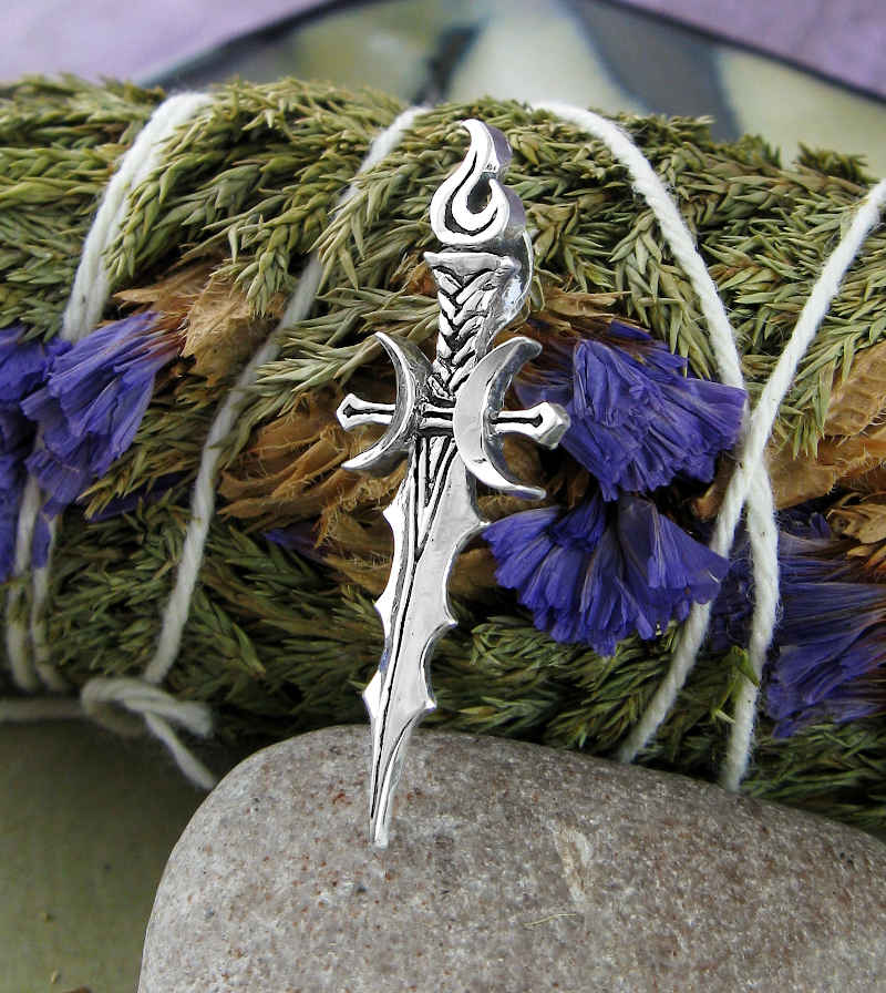 Athame Pendant with Crescent Moons & Flame Necklace Wiccan Dagger Knife ...