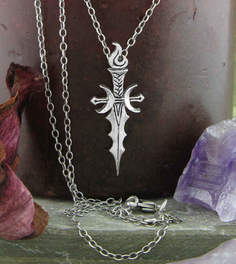 Athame Pendant with Crescent Moons & Flame Necklace Wiccan Dagger Knife Sword Pagan Wicca Witchy Jewelry Goth Gothic Halloween on chain