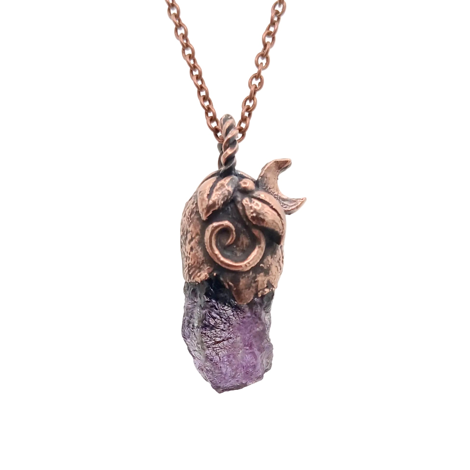 Little Copper Moon & Vines Amethyst Pendant on white background
