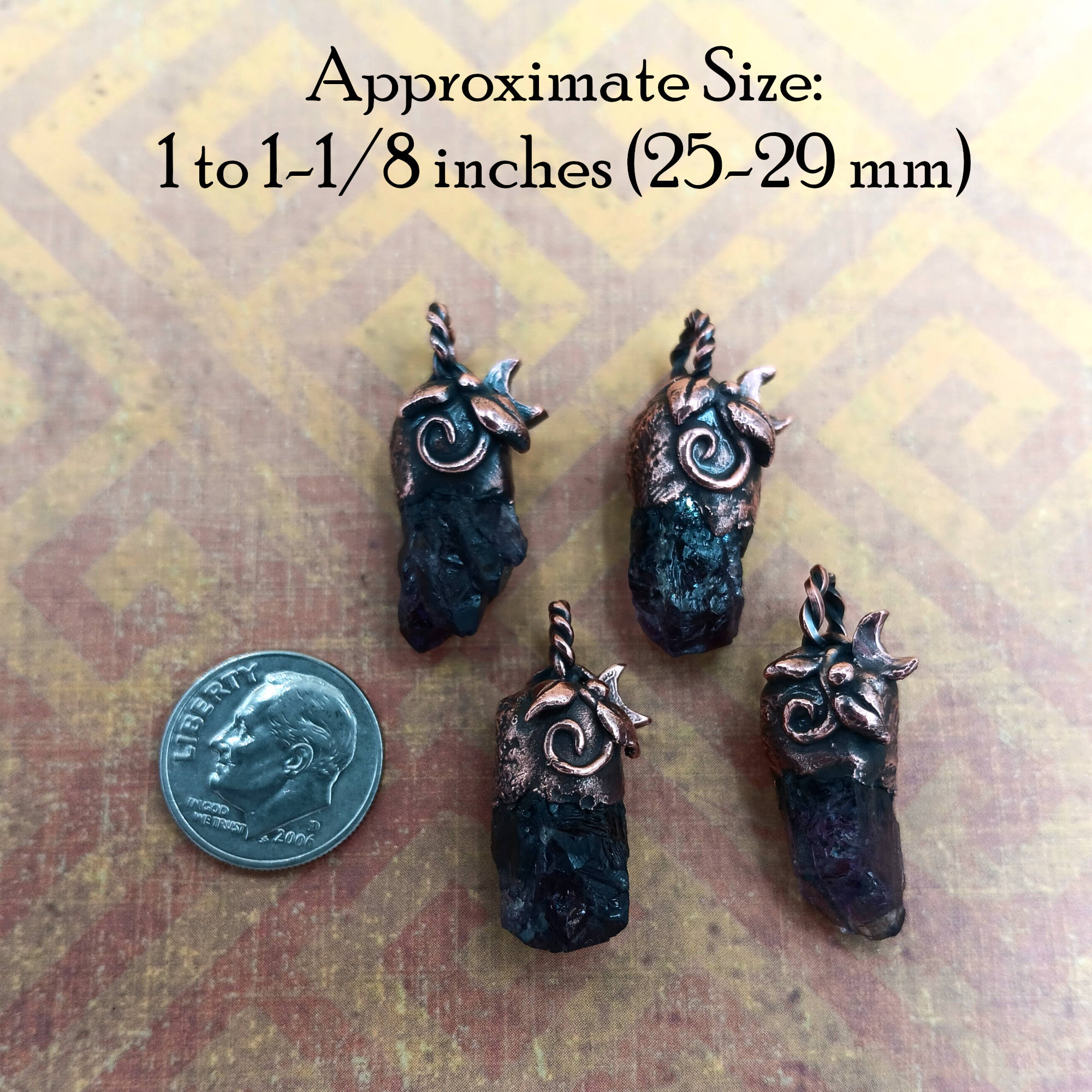 Little Copper Moon & Vines Amethyst Pendant compared to size of dime