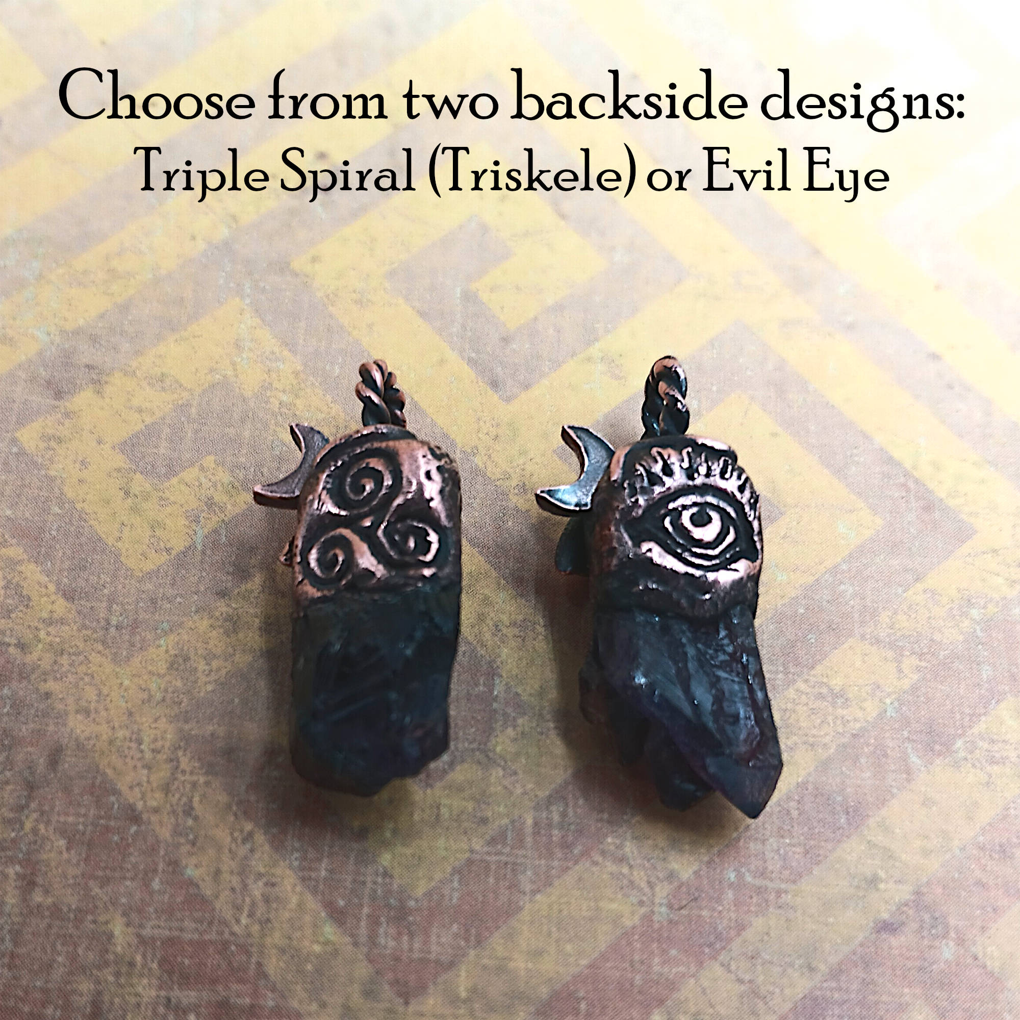 Little Copper Moon & Vines Amethyst Pendant backside design