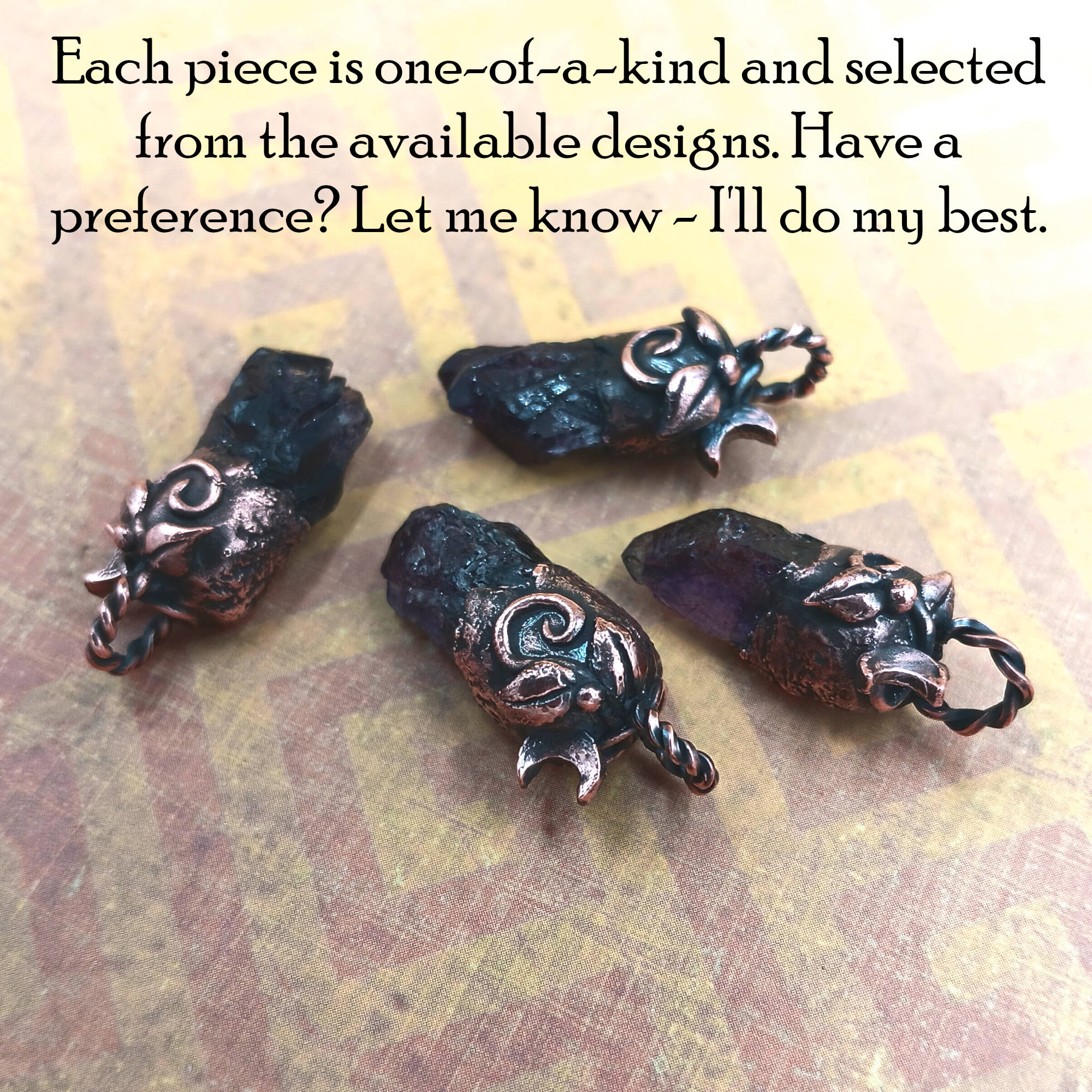 Little Copper Moon & Vines Amethyst Pendant scattered, showing all angles