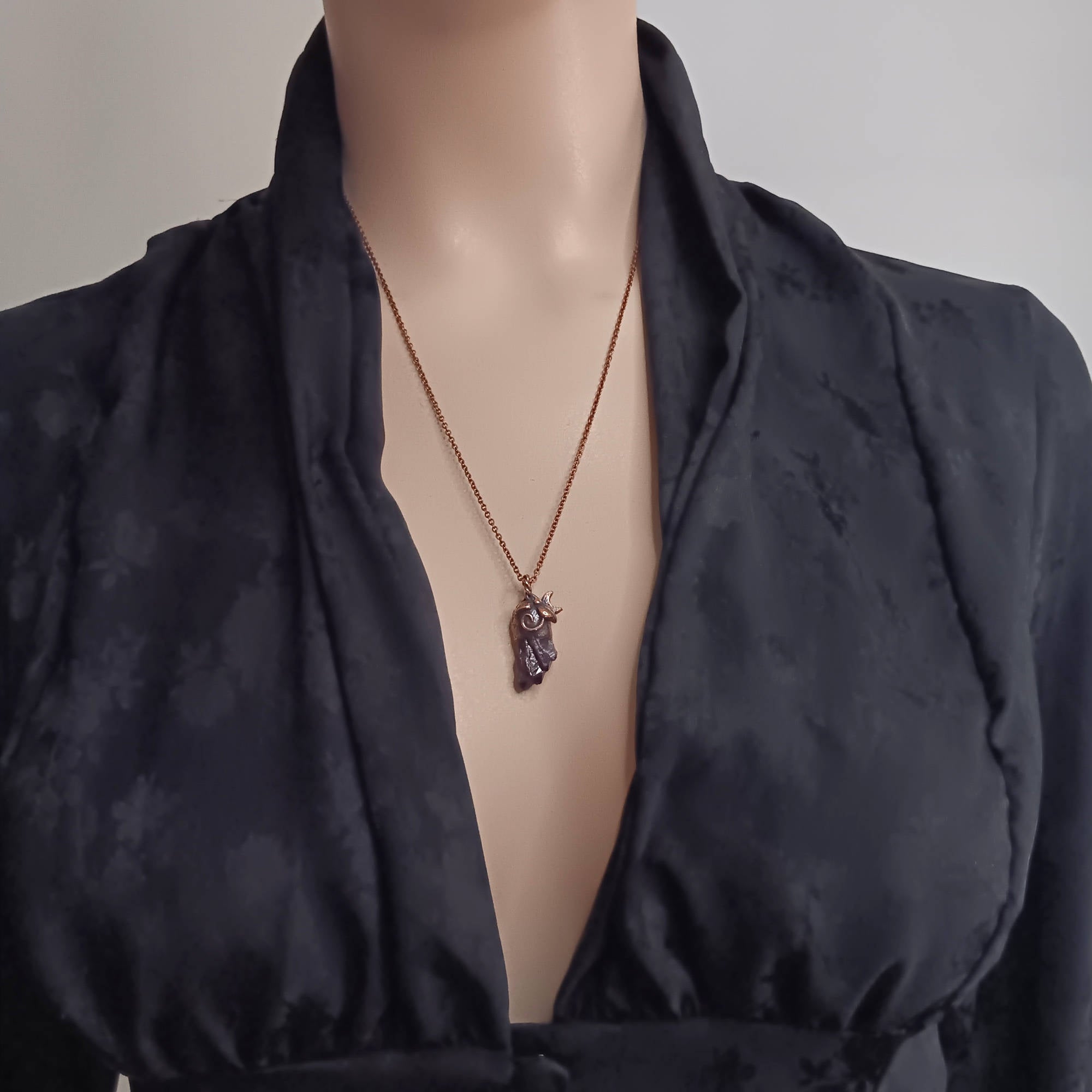 Little Copper Moon & Vines Amethyst Pendant woman wearing pendant