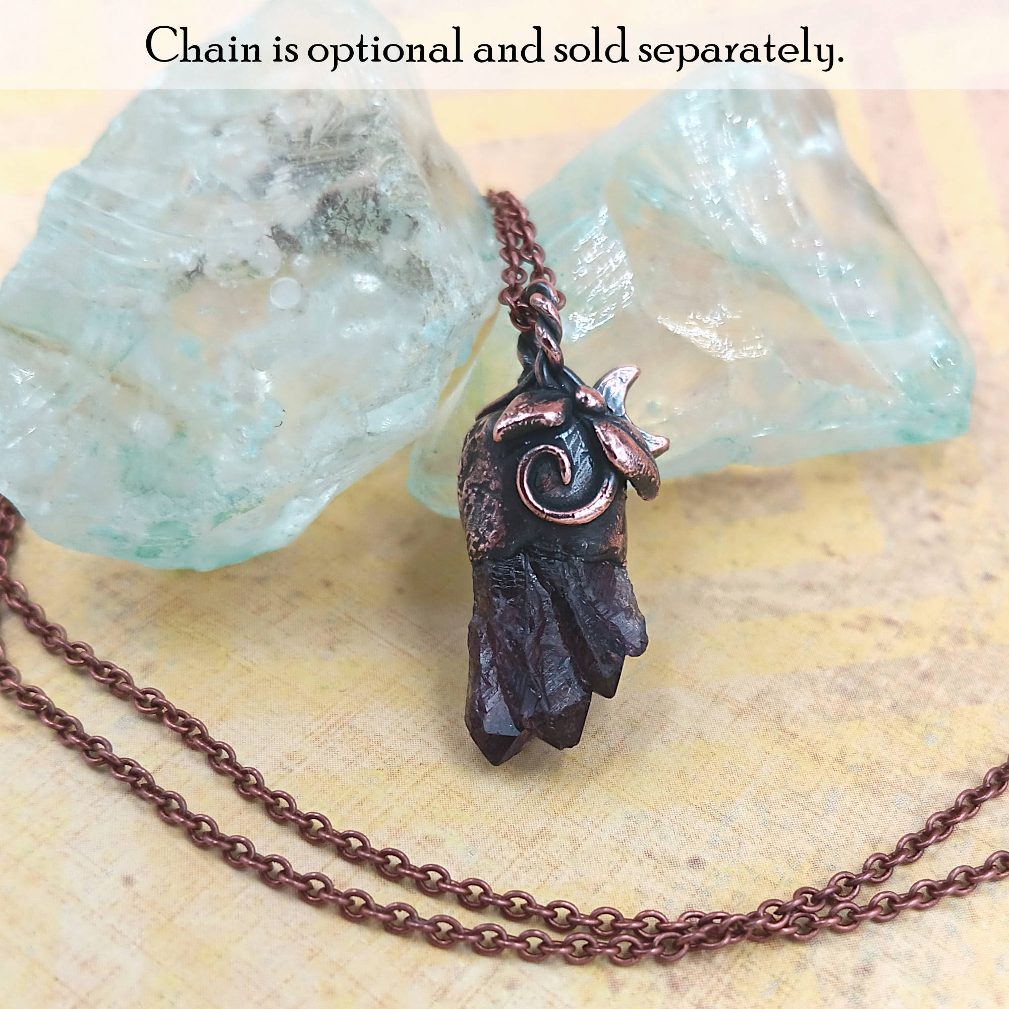 Little Copper Moon & Vines Amethyst Pendant w/ Spiral or Eye, Handmade