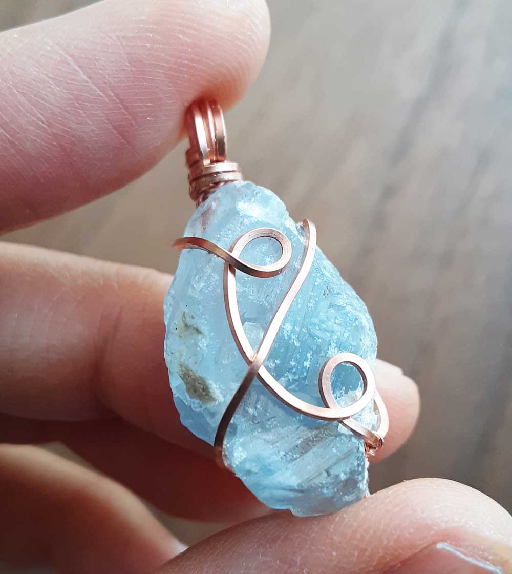 Raw Blue Celestite Crystal Pendant, Copper Wire-Wrapped, with Chain, Handmade