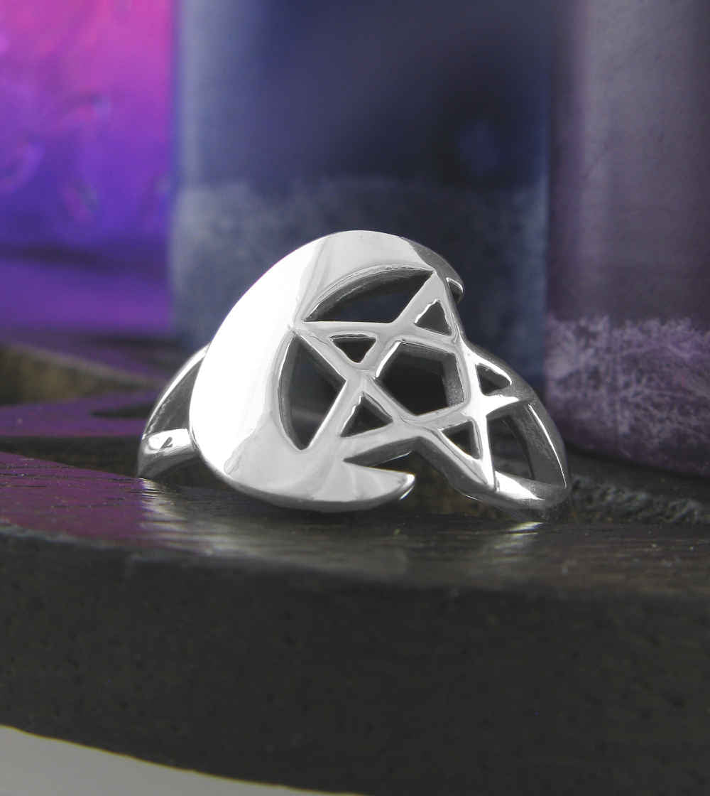 Wiccan Cut-Out Crescent Moon and Pentagram Ring | Woot & Hammy