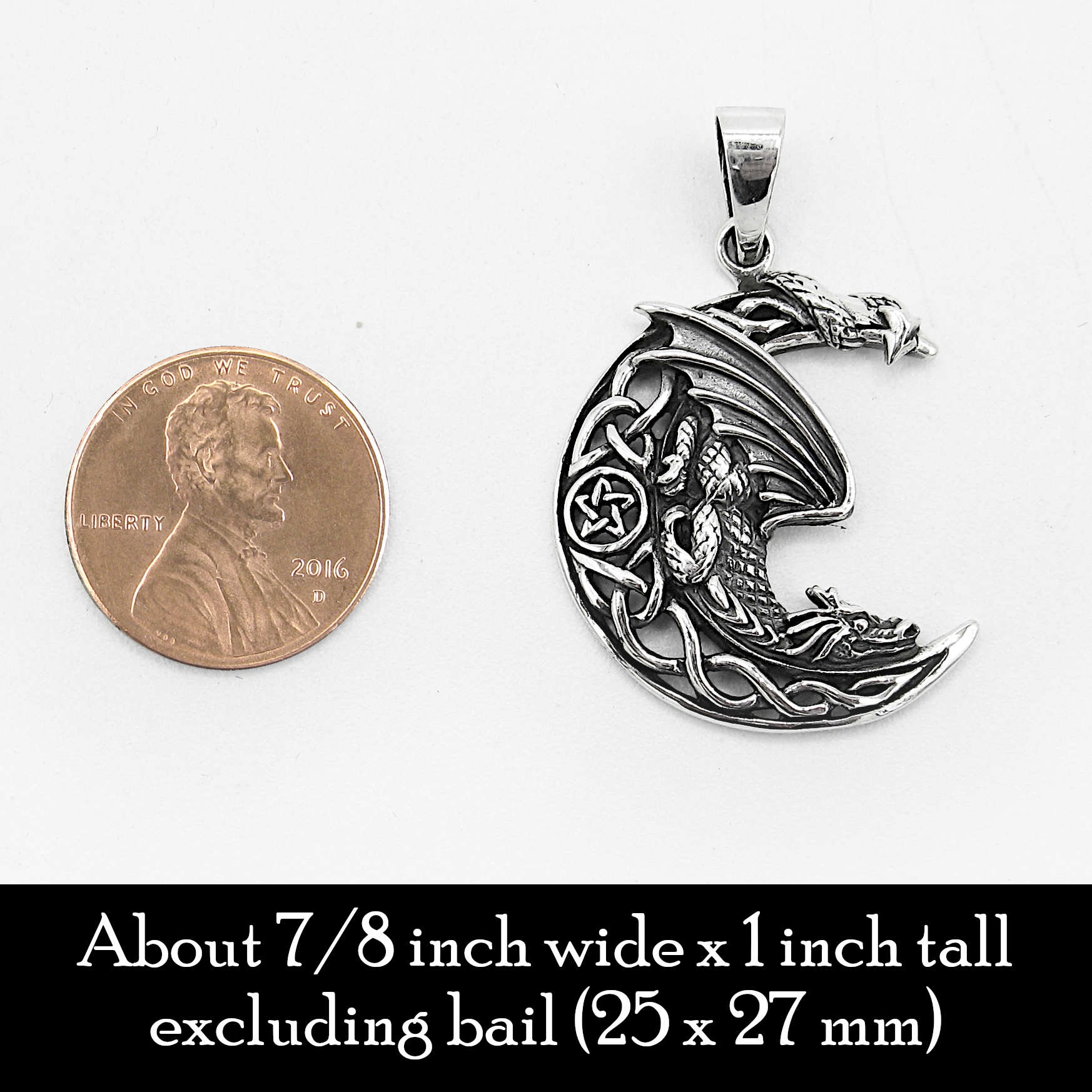 Winged Dragon on Crescent Moon with Celtic Knots and Pentagram Good Luck Cut-Out Oxidized Pendant | Woot & Hammy